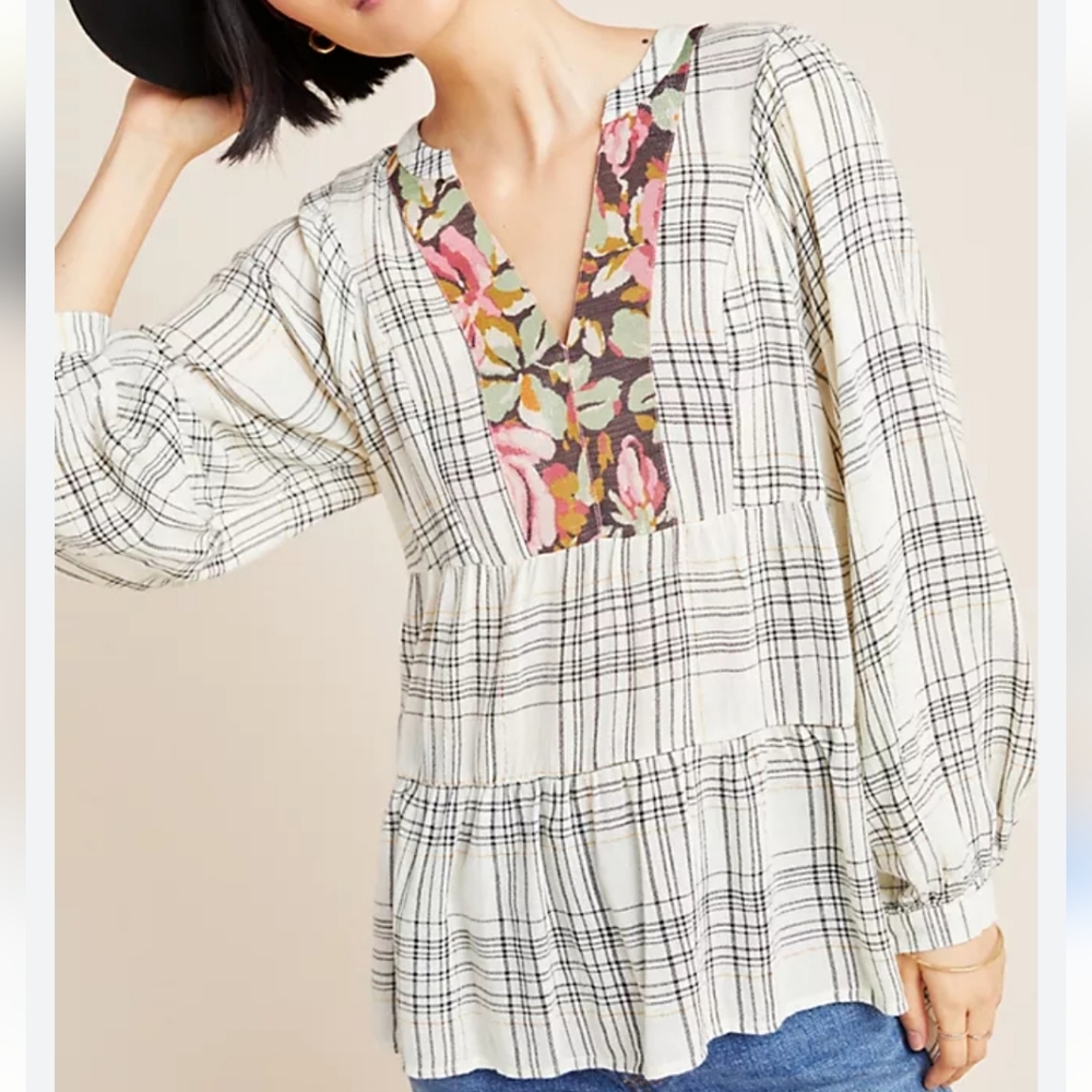 Anthropologie Plaid Peasant Long Sleeve blouse